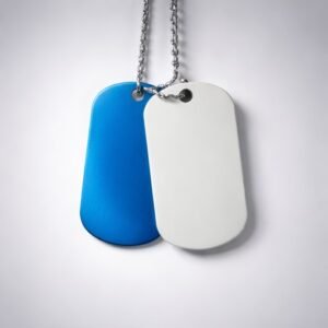 Blue and Silver Aluminum Tag